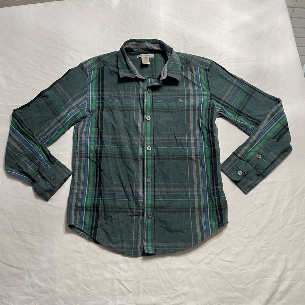 Calvin Klein Boys Plaid Button Front Shirt Green Blue Gray Size 10/12 Medium